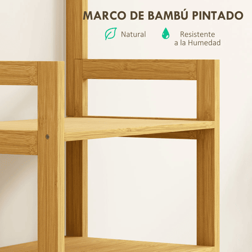 HOMCOM Estante de Casa de Banho em Bambu com Espelho Estante de Arrumação com 4 Ganchos 2 Prateleiras Abertas e 2 Gavetas de Tecido para Cozinha Casa de Banho Sala de Estar 48,5x30x170 cm Madeira