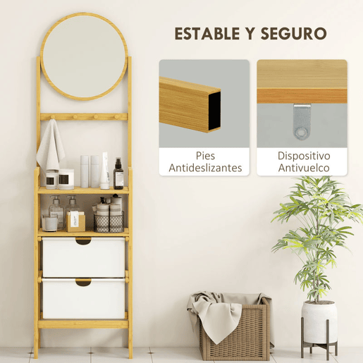 HOMCOM Estante de Casa de Banho em Bambu com Espelho Estante de Arrumação com 4 Ganchos 2 Prateleiras Abertas e 2 Gavetas de Tecido para Cozinha Casa de Banho Sala de Estar 48,5x30x170 cm Madeira