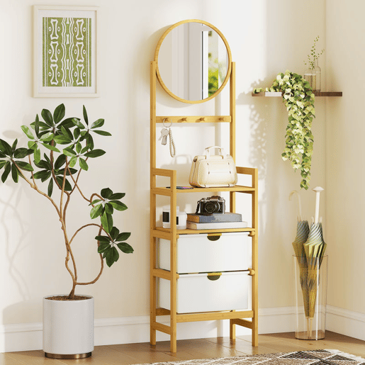 HOMCOM Estante de Casa de Banho em Bambu com Espelho Estante de Arrumação com 4 Ganchos 2 Prateleiras Abertas e 2 Gavetas de Tecido para Cozinha Casa de Banho Sala de Estar 48,5x30x170 cm Madeira