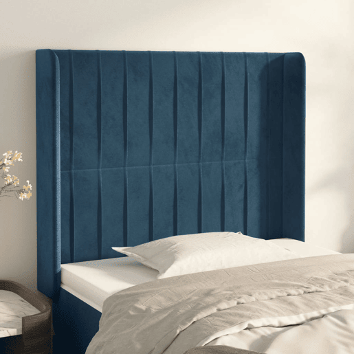 vidaXL Cabeceira cama c abas veludo 93x16x118128 cm azul-escuro