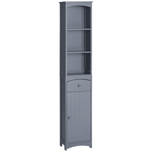 HOMCOM Coluna Casa de Banho com 1 Gaveta Armário e 3 Prateleiras Abertas Armário Alto Auxiliar para Casa de Banho 34x24x170 cm Cinzento