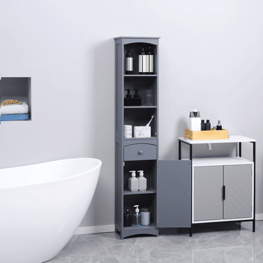 HOMCOM Coluna Casa de Banho com 1 Gaveta Armário e 3 Prateleiras Abertas Armário Alto Auxiliar para Casa de Banho 34x24x170 cm Cinzento