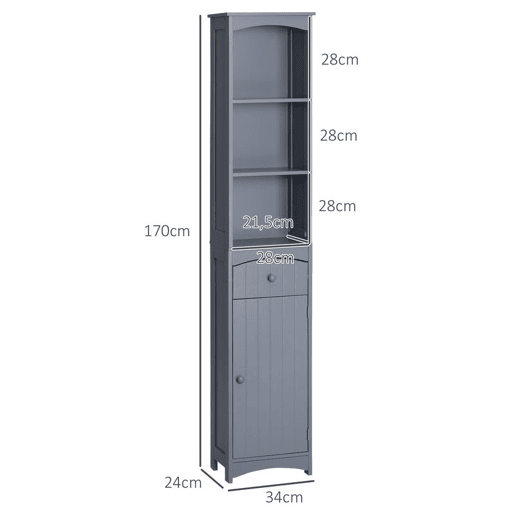 HOMCOM Coluna Casa de Banho com 1 Gaveta Armário e 3 Prateleiras Abertas Armário Alto Auxiliar para Casa de Banho 34x24x170 cm Cinzento