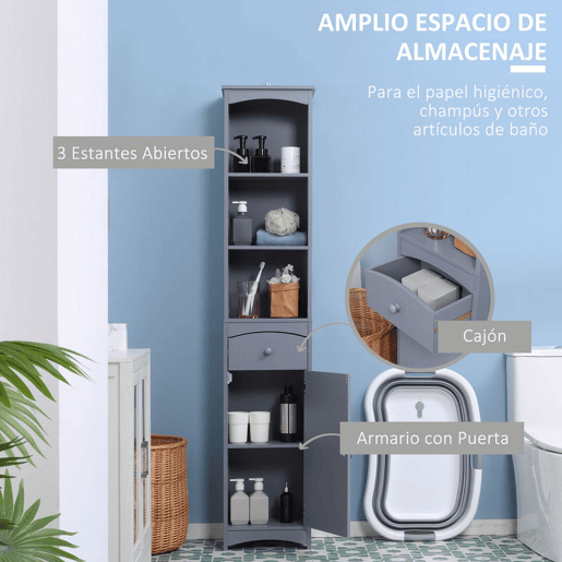 HOMCOM Coluna Casa de Banho com 1 Gaveta Armário e 3 Prateleiras Abertas Armário Alto Auxiliar para Casa de Banho 34x24x170 cm Cinzento