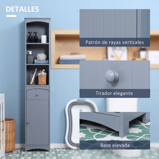 HOMCOM Coluna Casa de Banho com 1 Gaveta Armário e 3 Prateleiras Abertas Armário Alto Auxiliar para Casa de Banho 34x24x170 cm Cinzento