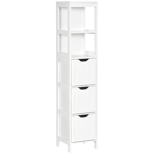HOMCOM Armário Casa de Banho Estreito com 3 Gavetas e 2 Prateleiras Abertas Coluna de Casa de Banho Estilo Moderno para Sala Casa de Banho Cozinha 30x30x141,6 cm Branco
