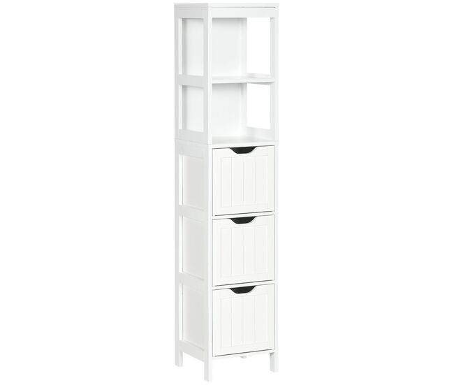 Homcom armario alto de baño estrecho con 3 cajones y 2 estantes abiertos columna de baño estilo moderno para salón aseo cocina 30x30x141,6 cm blanco