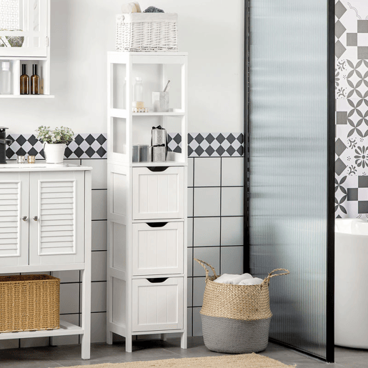 HOMCOM Armário Casa de Banho Estreito com 3 Gavetas e 2 Prateleiras Abertas Coluna de Casa de Banho Estilo Moderno para Sala Casa de Banho Cozinha 30x30x141,6 cm Branco
