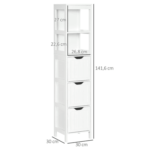 HOMCOM Armário Casa de Banho Estreito com 3 Gavetas e 2 Prateleiras Abertas Coluna de Casa de Banho Estilo Moderno para Sala Casa de Banho Cozinha 30x30x141,6 cm Branco