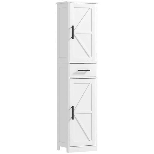 HOMCOM Coluna de Casa de Banho com 2 Portas 1 Gaveta e 2 Prateleiras Ajustáveis Armário Alto de Casa de Banho Estreito Estilo Rústico 40x30x170 cm Branco