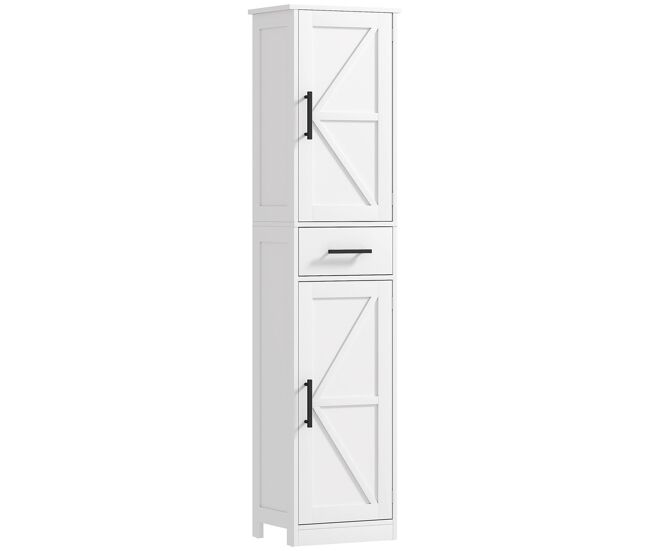 Homcom armario alto de baño estrecho con 2 puertas 1 cajón y 2 estantes ajustables columna de baño estilo rústico para salón aseo cocina 40x30x170 cm