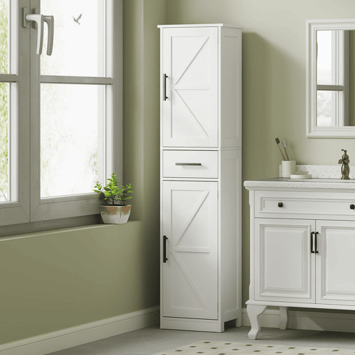 HOMCOM Coluna de Casa de Banho com 2 Portas 1 Gaveta e 2 Prateleiras Ajustáveis Armário Alto de Casa de Banho Estreito Estilo Rústico 40x30x170 cm Branco