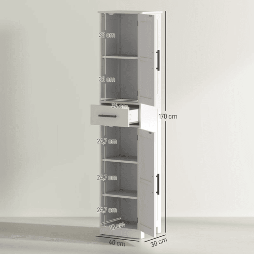 HOMCOM Coluna de Casa de Banho com 2 Portas 1 Gaveta e 2 Prateleiras Ajustáveis Armário Alto de Casa de Banho Estreito Estilo Rústico 40x30x170 cm Branco
