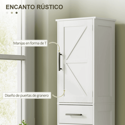 HOMCOM Coluna de Casa de Banho com 2 Portas 1 Gaveta e 2 Prateleiras Ajustáveis Armário Alto de Casa de Banho Estreito Estilo Rústico 40x30x170 cm Branco