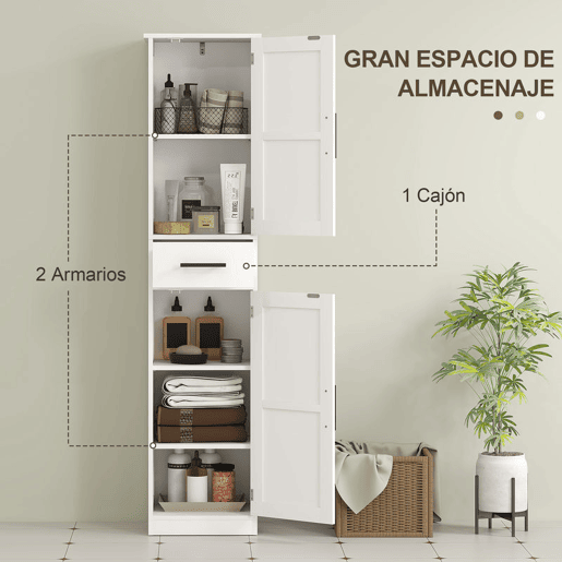 HOMCOM Coluna de Casa de Banho com 2 Portas 1 Gaveta e 2 Prateleiras Ajustáveis Armário Alto de Casa de Banho Estreito Estilo Rústico 40x30x170 cm Branco