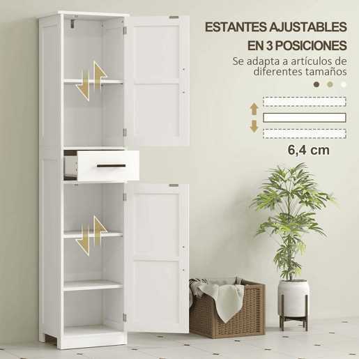 HOMCOM Coluna de Casa de Banho com 2 Portas 1 Gaveta e 2 Prateleiras Ajustáveis Armário Alto de Casa de Banho Estreito Estilo Rústico 40x30x170 cm Branco