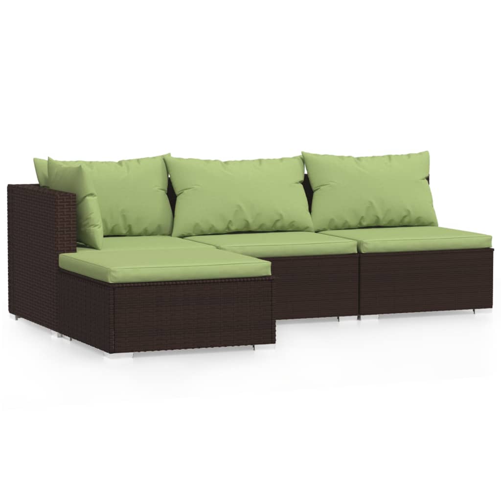 Set muebles de jardín 4 piezas y cojines ratán sintético marrón