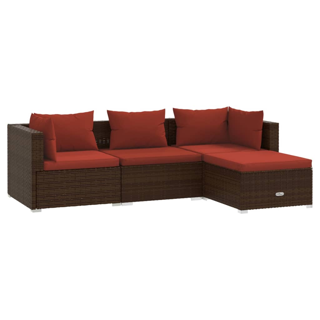 Set muebles de jardín 4 piezas y cojines ratán sintético marrón