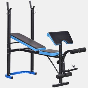 HOMCOM Banco de Musculação Multifuncional Banco de Pesos com Suporte para Barras e Encosto Ajustável para Treino Completo de Corpo em Casa Ginásio 155x56,5x120 cm Preto e Azul