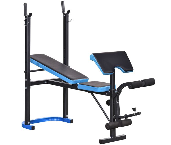 Homcom banco de musculación multifuncional banco de pesas con soporte para barra y respaldo ajustable para entrenamiento completos de cuerpo mariposa carga 200 kg en casa gimnasio negro y azul