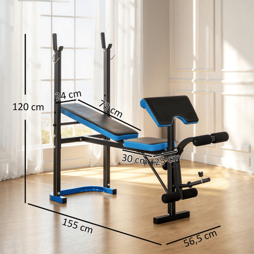 HOMCOM Banco de Musculação Multifuncional Banco de Pesos com Suporte para Barras e Encosto Ajustável para Treino Completo de Corpo em Casa Ginásio 155x56,5x120 cm Preto e Azul HOMCOM Banco de Musculação Multifuncional Banco de Pesos com Suporte para Barras e Encosto Ajustável para Treino Completo de Corpo em Casa Ginásio 155x56,5x120 cm Preto e Azul