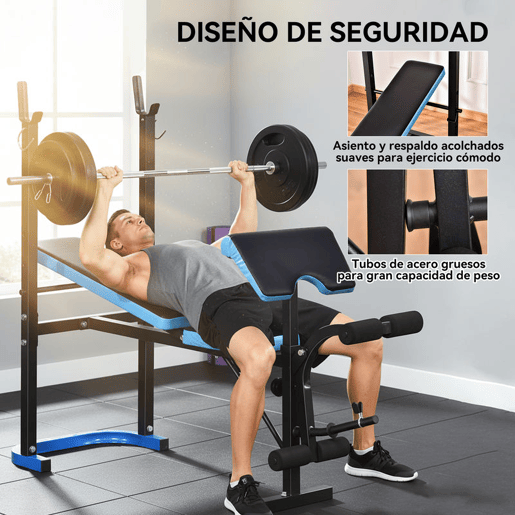 HOMCOM Banco de Musculação Multifuncional Banco de Pesos com Suporte para Barras e Encosto Ajustável para Treino Completo de Corpo em Casa Ginásio 155x56,5x120 cm Preto e Azul HOMCOM Banco de Musculação Multifuncional Banco de Pesos com Suporte para Barras e Encosto Ajustável para Treino Completo de Corpo em Casa Ginásio 155x56,5x120 cm Preto e Azul