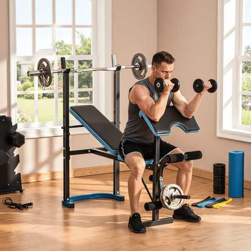 HOMCOM Banco de Musculação Multifuncional Banco de Pesos com Suporte para Barras e Encosto Ajustável para Treino Completo de Corpo em Casa Ginásio 155x56,5x120 cm Preto e Azul HOMCOM Banco de Musculação Multifuncional Banco de Pesos com Suporte para Barras e Encosto Ajustável para Treino Completo de Corpo em Casa Ginásio 155x56,5x120 cm Preto e Azul