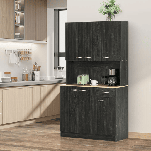 HOMCOM Armário de Cozinha Aparador de Sala de Jantar com 1 Gaveta 6 Portas e Prateleiras Ajustáveis Estilo Moderno 101x39x180 cm Preto e Madeira