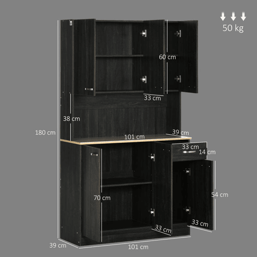 HOMCOM Armário de Cozinha Aparador de Sala de Jantar com 1 Gaveta 6 Portas e Prateleiras Ajustáveis Estilo Moderno 101x39x180 cm Preto e Madeira