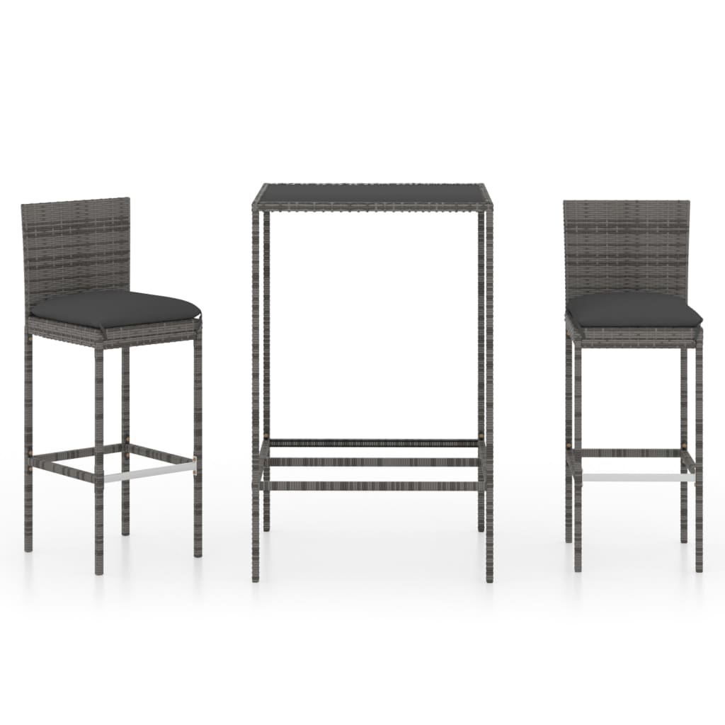 Set muebles bar jardín 3 piezas y cojines ratán sintético gris