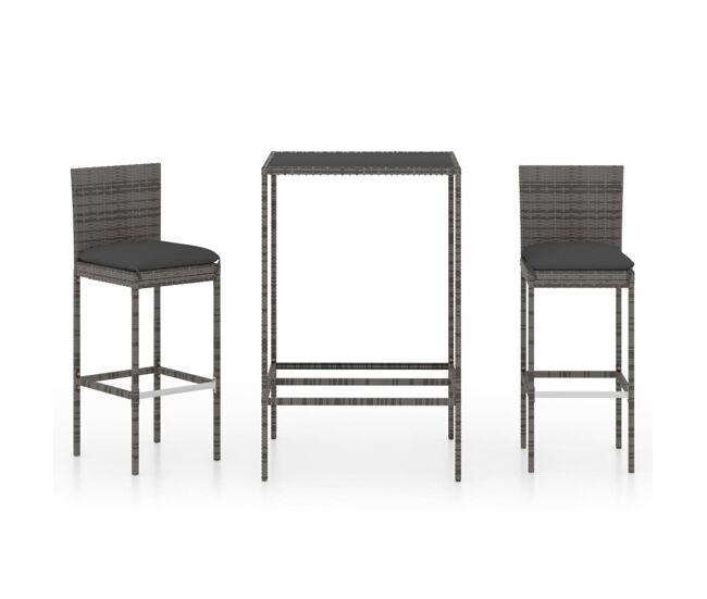 Set muebles bar jardín 3 piezas y cojines ratán sintético gris