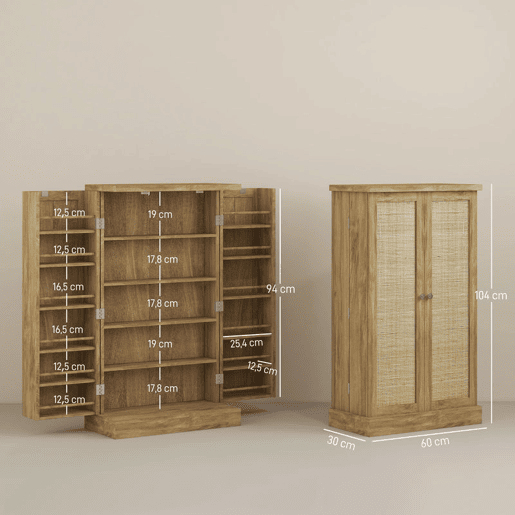 HOMCOM Armário de Cozinha, Armário Despensa de Cozinha com 2 Portas, 16 Prateleiras, Móvel Moderno com Prateleiras Ajustáveis, para Sala de Jantar, Sala, 60x30x104 cm, Cor Natural