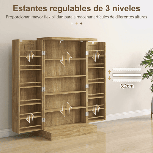 HOMCOM Armário de Cozinha, Armário Despensa de Cozinha com 2 Portas, 16 Prateleiras, Móvel Moderno com Prateleiras Ajustáveis, para Sala de Jantar, Sala, 60x30x104 cm, Cor Natural
