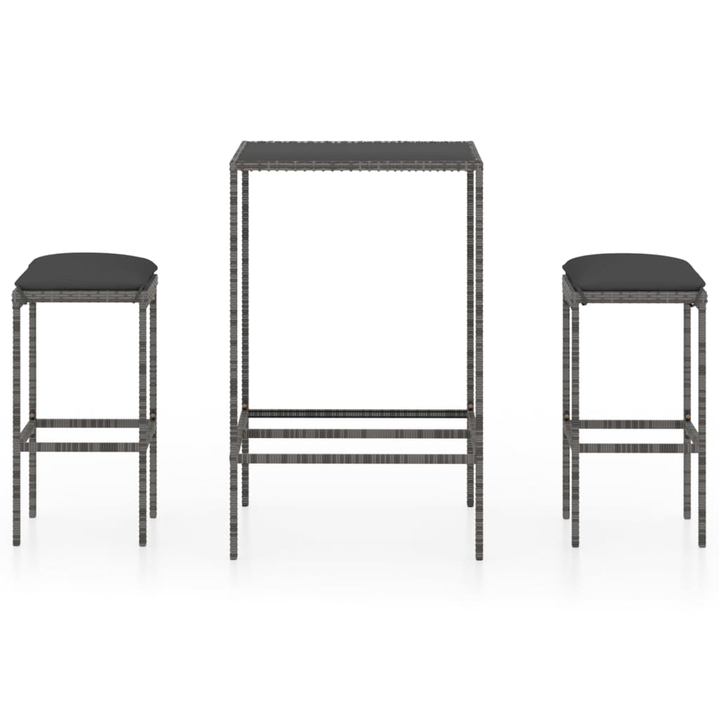 Set muebles bar jardín 3 piezas y cojines ratán sintético gris