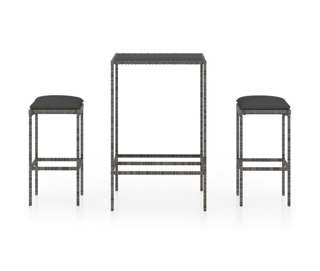 Set muebles bar jardín 3 piezas y cojines ratán sintético gris