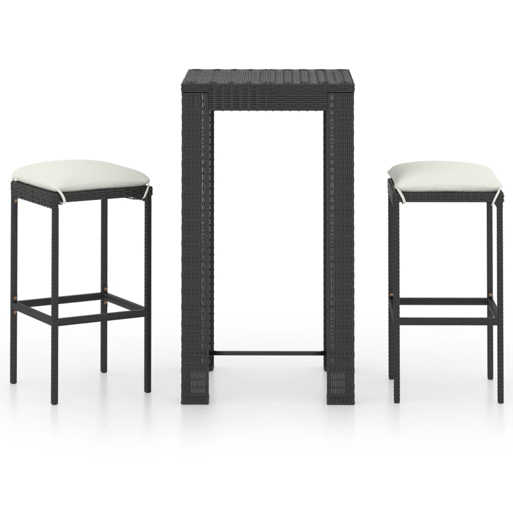 Set muebles bar jardín 3 piezas y cojines ratán sintético negro
