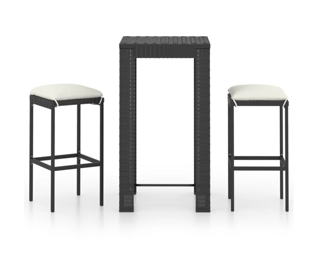 Set muebles bar jardín 3 piezas y cojines ratán sintético negro
