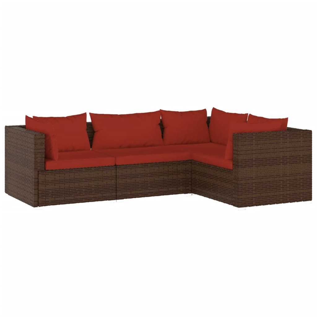 Set muebles de jardín 4 piezas y cojines ratán sintético marrón