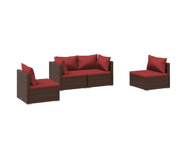 Set muebles de jardín 4 piezas y cojines ratán sintético marrón