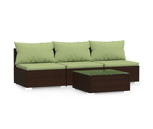 Set muebles de jardín 4 piezas y cojines ratán sintético marrón