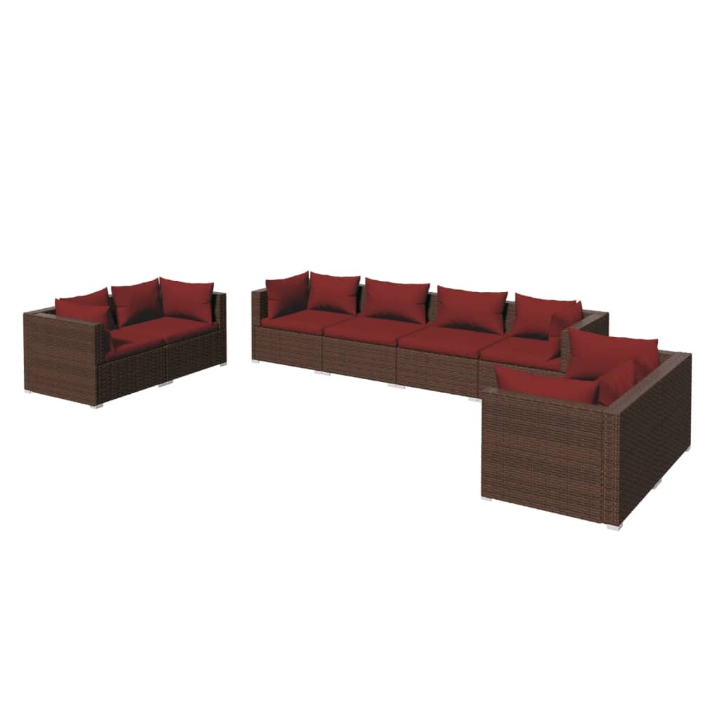 Set muebles de jardín 8 piezas y cojines ratán sintético marrón