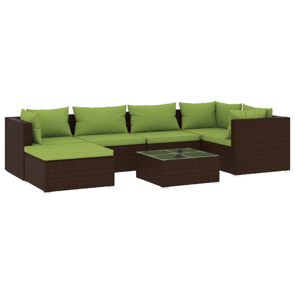 Set muebles de jardín 7 piezas y cojines ratán sintético marrón