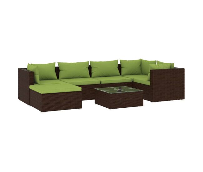 Set muebles de jardín 7 piezas y cojines ratán sintético marrón