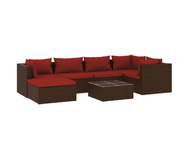 Set muebles de jardín 7 piezas y cojines ratán sintético marrón