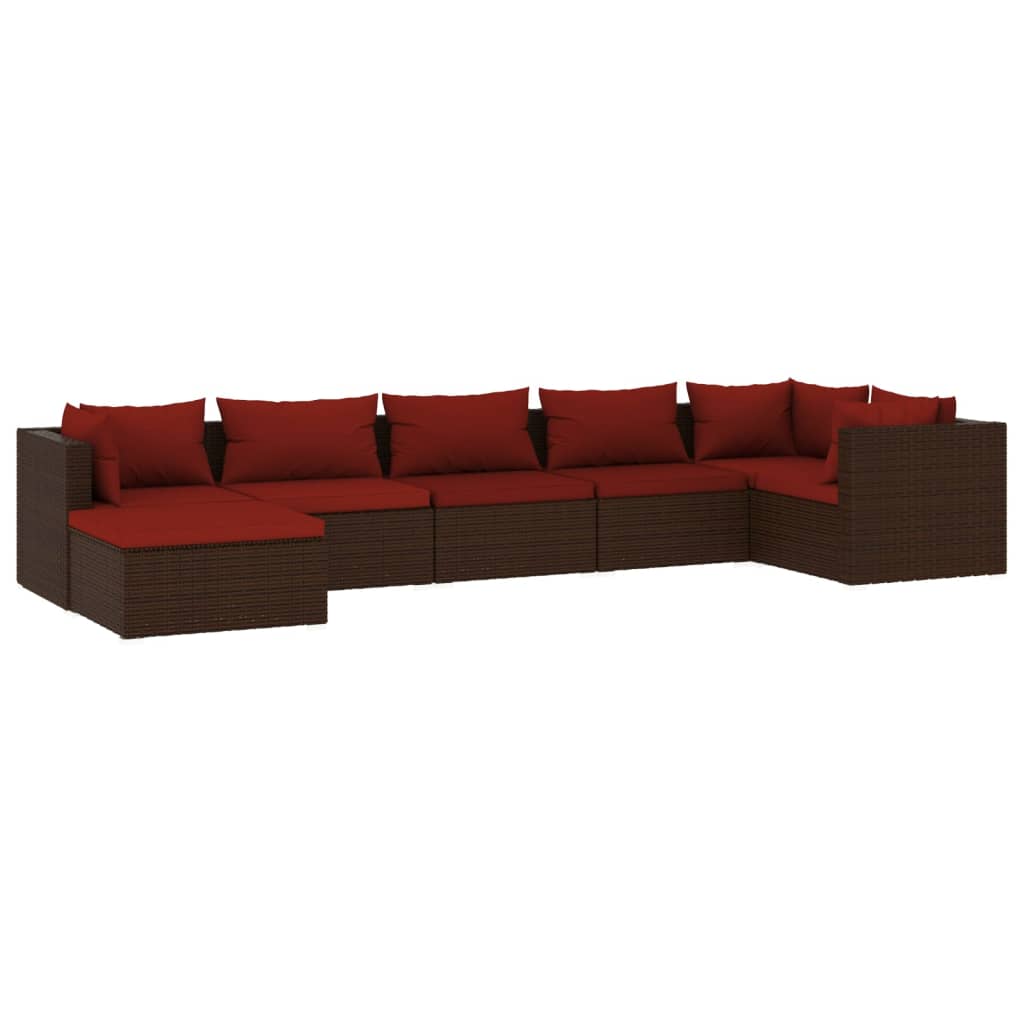 Set muebles de jardín 7 piezas y cojines ratán sintético marrón