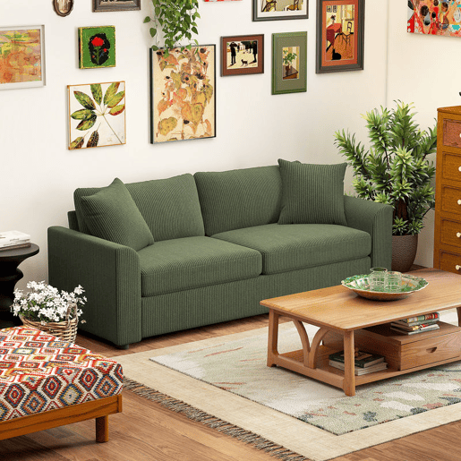 HOMCOM Sofá de 3 Lugares Sofá Sala de Estar 212x80x88 cm Estofado em Veludo Canelado com 2 Almofadas Apoios de Braço e Almofada de Molas Desenho Moderno para Sala de Estar Quarto Verde