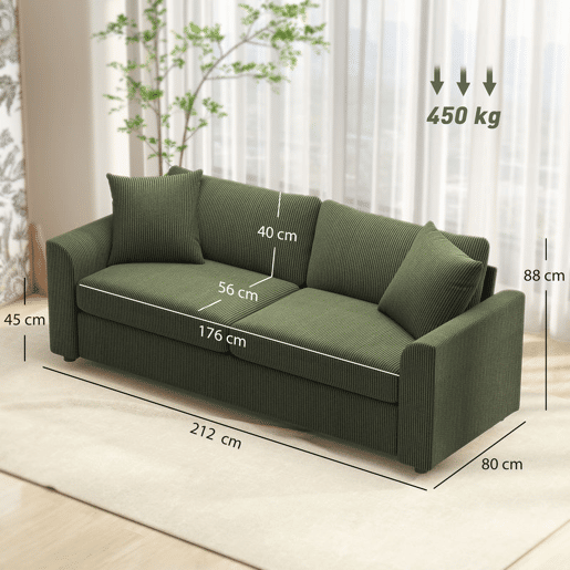 HOMCOM Sofá de 3 Lugares Sofá Sala de Estar 212x80x88 cm Estofado em Veludo Canelado com 2 Almofadas Apoios de Braço e Almofada de Molas Desenho Moderno para Sala de Estar Quarto Verde