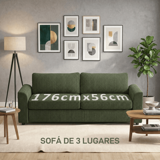 HOMCOM Sofá de 3 Lugares Sofá Sala de Estar 212x80x88 cm Estofado em Veludo Canelado com 2 Almofadas Apoios de Braço e Almofada de Molas Desenho Moderno para Sala de Estar Quarto Verde