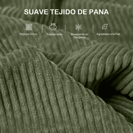 HOMCOM Sofá de 3 Lugares Sofá Sala de Estar 212x80x88 cm Estofado em Veludo Canelado com 2 Almofadas Apoios de Braço e Almofada de Molas Desenho Moderno para Sala de Estar Quarto Verde