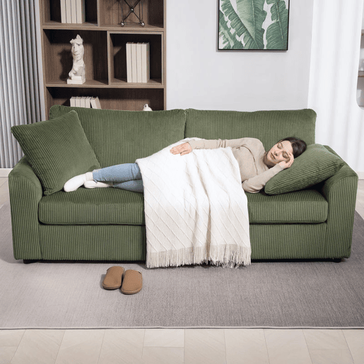 HOMCOM Sofá de 3 Lugares Sofá Sala de Estar 212x80x88 cm Estofado em Veludo Canelado com 2 Almofadas Apoios de Braço e Almofada de Molas Desenho Moderno para Sala de Estar Quarto Verde